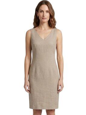 Bloomingdale's Tan Linen Blend V Neck Sleeveless Sheath Dress Size 8